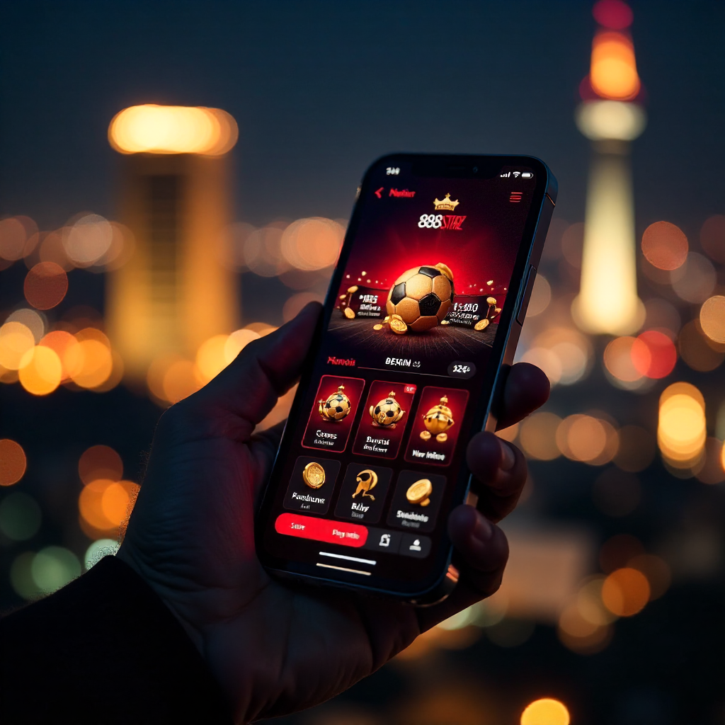 A hand holding a luxury smartphone displaying the official 888starz Uzbekistan app with a sleek red and black interface, background is the Tashkent City skyline and Hilton tower at night with vibrant golden bokeh lights, 3D golden coins and a soccer ball 